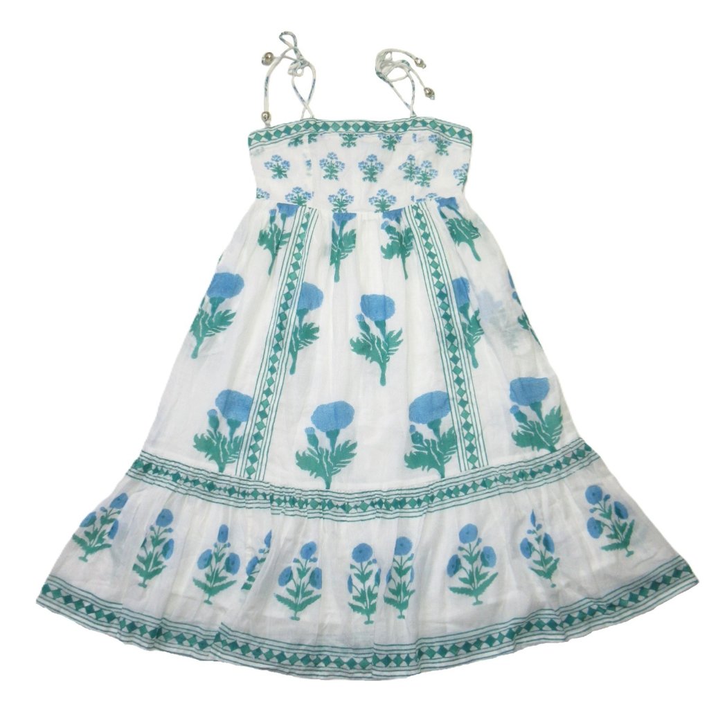 Nwt Oliphant Tie Strap Midi In Bloom Blue Blockprint Cotton Tank Dress M